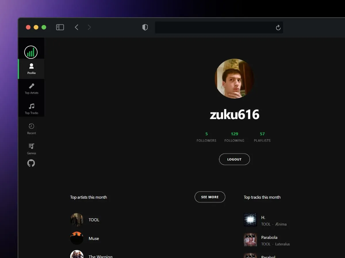SpotInsight project preview showing a Spotify profile and listening data
