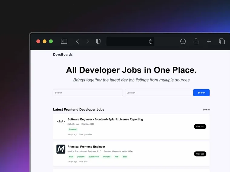 DevsBoard project preview with job listings