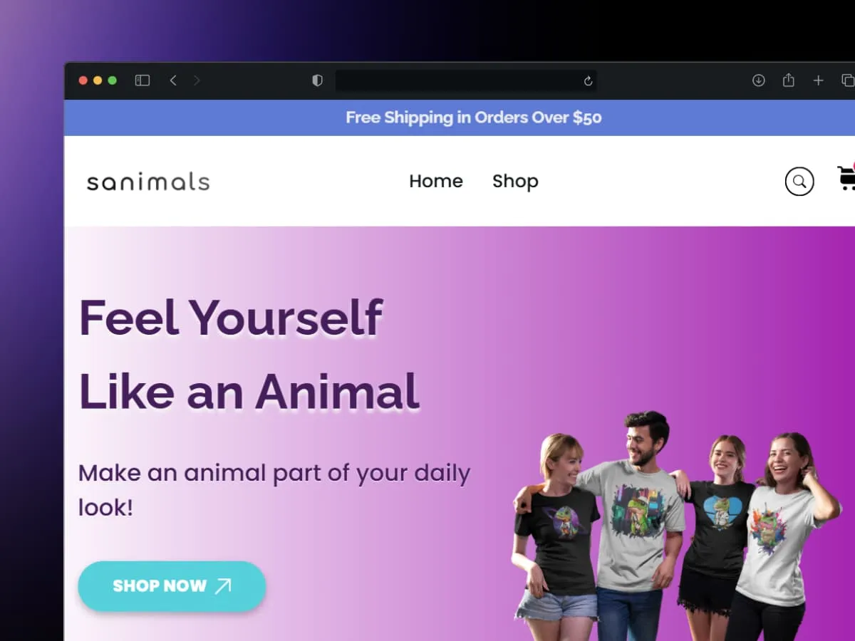 Sanimals project preview showing its illustrated shirt storefront